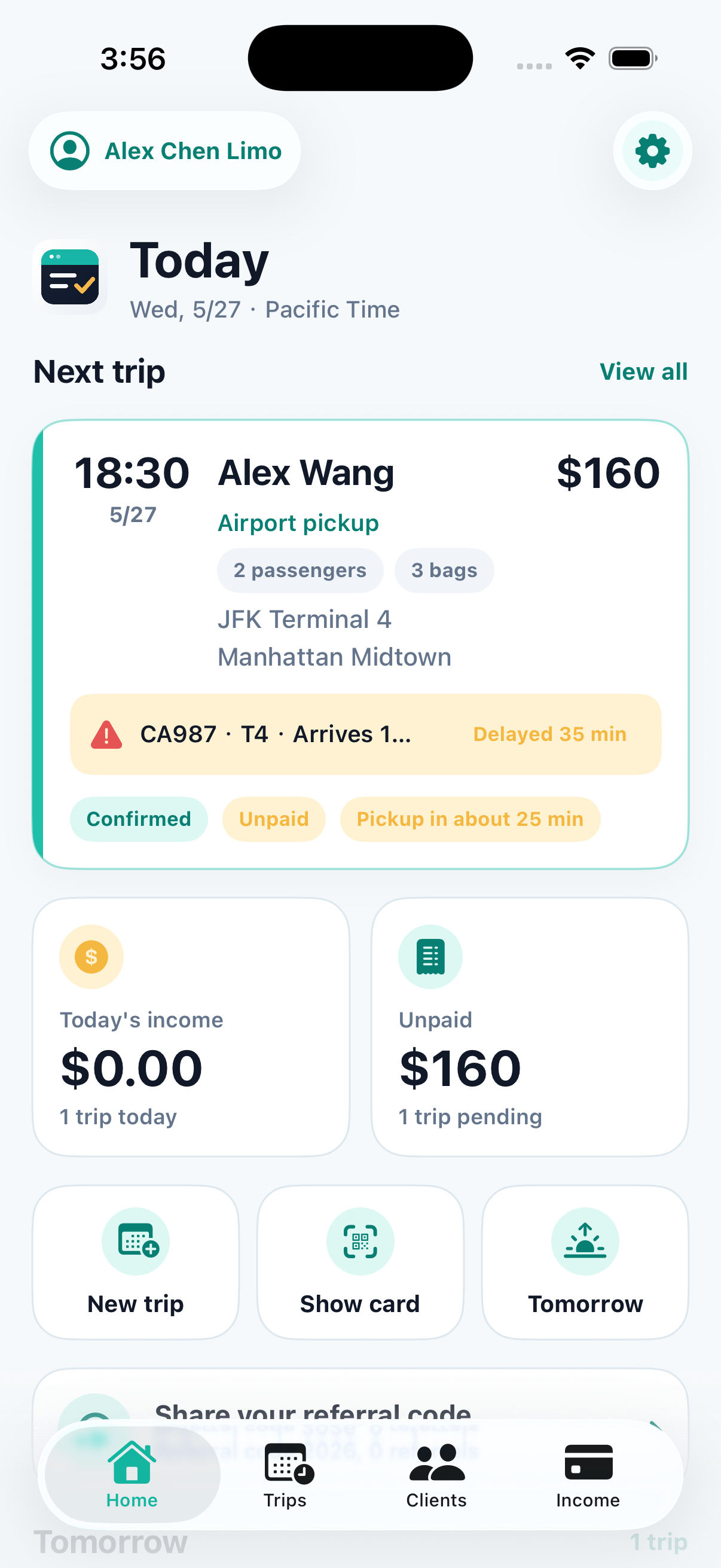RideKip app home screen